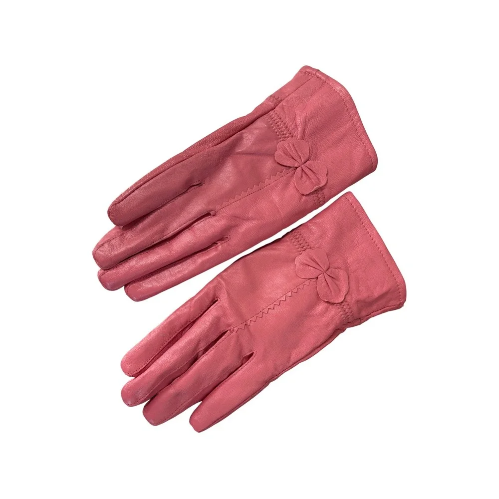 Tingyang Womens Leather Gloves Bow Accent Faux Fur Lined Pink Green‎ Set of 2